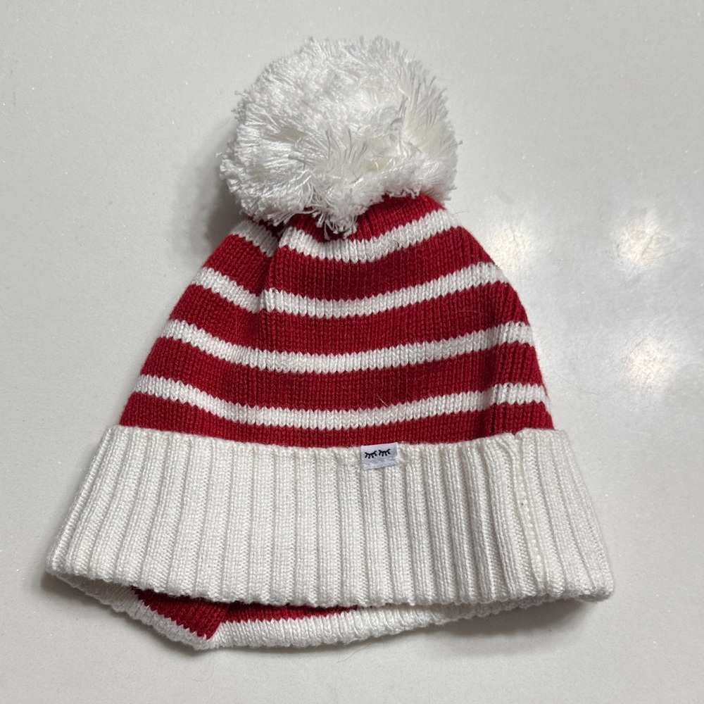 Kids Red & White Striped Pom Beanie - (Little Sleepies)